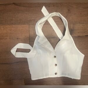 White Halter Crop Top with Button Detail
